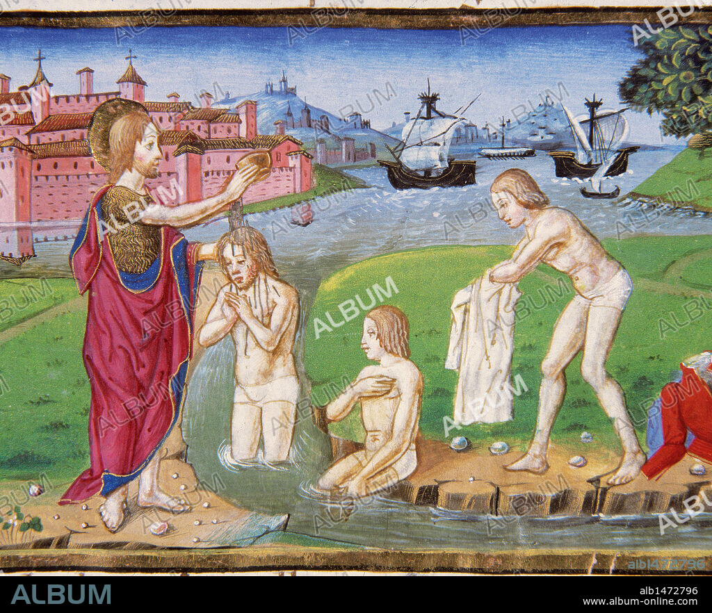 "JUAN BAUTISTA BAUTIZANDO EN EL RIO JORDAN". Página miniada del CODICE DE PREDIS. Renacimiento-Quattrocento (s. XV). Biblioteca Real. Turín. Italia.