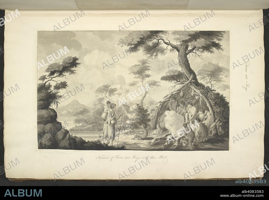 SYDNEY PARKINSON. Natives of Tierra del Fuego in their hut, January 1769. A Collection of Drawings made in the Countries visited by Captain Cook in his First Voyage. 1768-1771. 1769. Drawing. Source: Add. 23920, f.13. Language: English.
