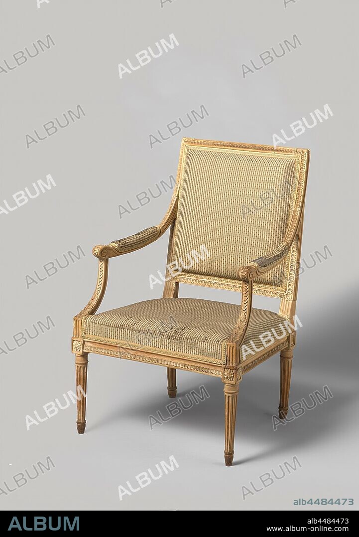 Armchair in beech, upholstered. Above the conical fluted legs are square houses with rosettes on the front and diamond heads on the back. The rear-facing square armrest struts have fluted basements and are decorated with braid band and a standing acanthus leaf. The armrests with cushions end in a volute and run up into the styles of the rectangular back window. The seating rules and the back window are decorated with cut-out scaly ornament. Marked: 'I. Avisse '., Jean Avisse, France, 1775 - 1800, wood (plant material), beech (wood), textile materials, paint (coating), h 98 cm × w 61 cm × d 56.5 cm h 39.5 cm × d 41.5 cm.