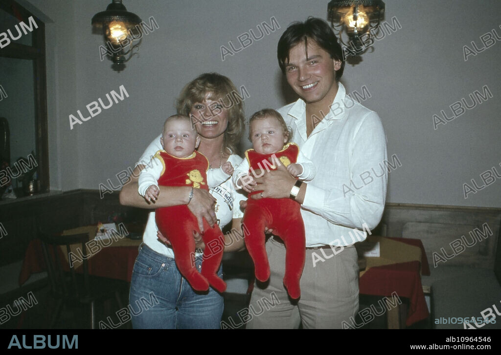 German actress Christiane Ruecker with her former fiancee Wolfgang Schwarz and twins, Germany 1970s.