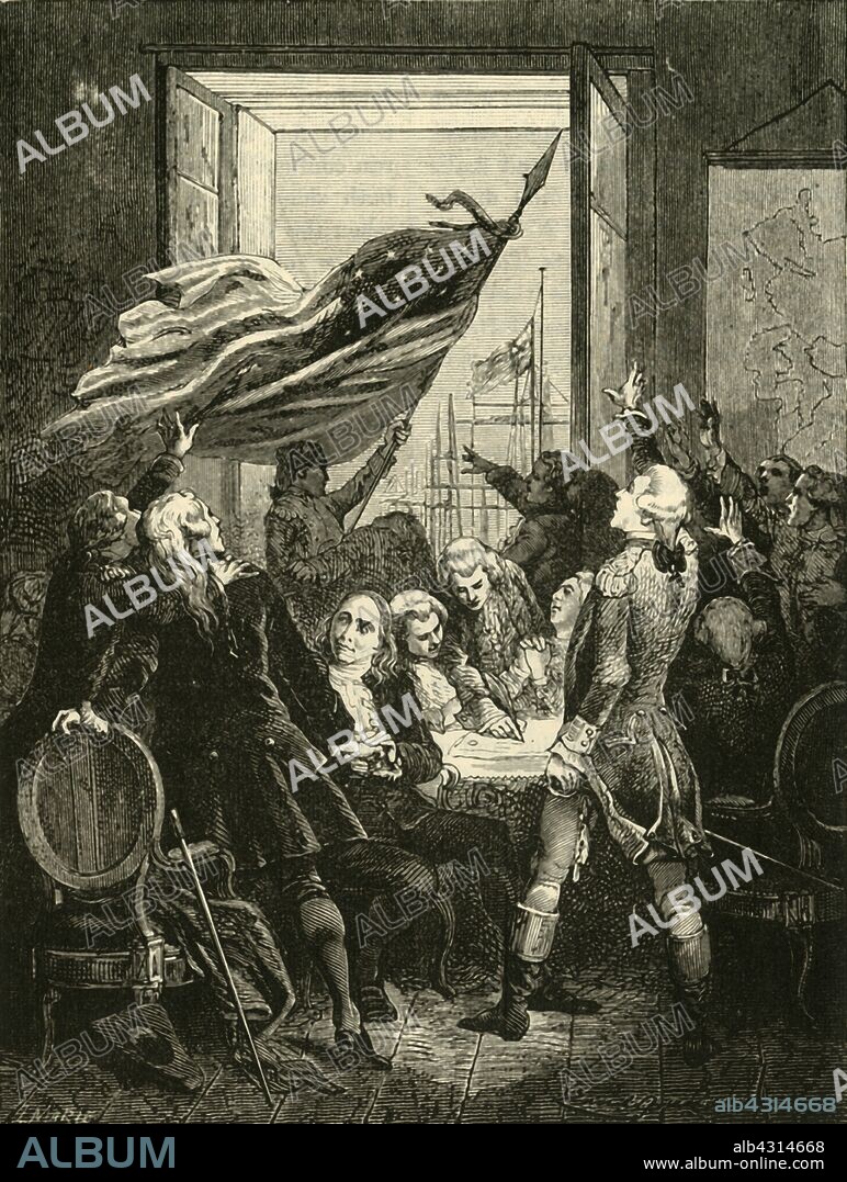 'Declaration of the Independence of the United States', (1776), 1890. United States Declaration of Independence, 1776 at Pennsylvania State House (now known as Independence Hall) in Philadelphia, declaring the Thirteen Colonies would regard themselves as thirteen independent sovereign states. From "Cassell's Illustrated Universal History, Vol. IV - Modern History", by Edmund Ollier. [Cassell and Company, Limited, London, Paris and Melbourne, 1890].