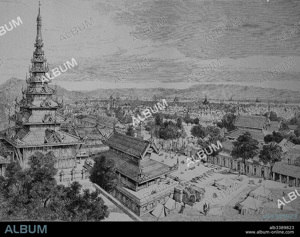 Mandalay in Burma, the east part, seen from the watchtower of the palace, Woodcut from 1892.