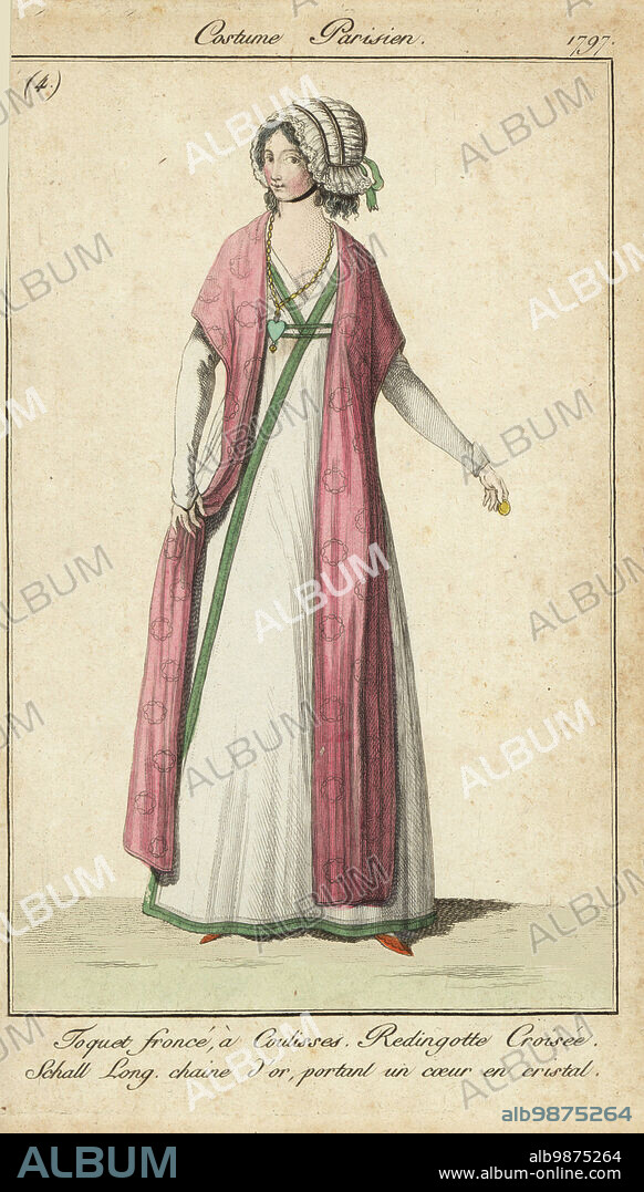Woman in the fashion of the Directoire, 1797. She wears a gathered cap with drawstrings, crossed overcoat, long shawl, and gold chain with crystal heart. Touquet fronce a Coulisses. Redingote croisee, Schall long, chaine d'or portant un coeur en cristal. Handcoloured copperplate engraving from Pierre de la Mesangeres Journal des Modes et Dames, Paris, 1797. The illustrations in volume 1 were by Carle Vernet, Claude Louis Desrais and Philibert Louis Debucourt.