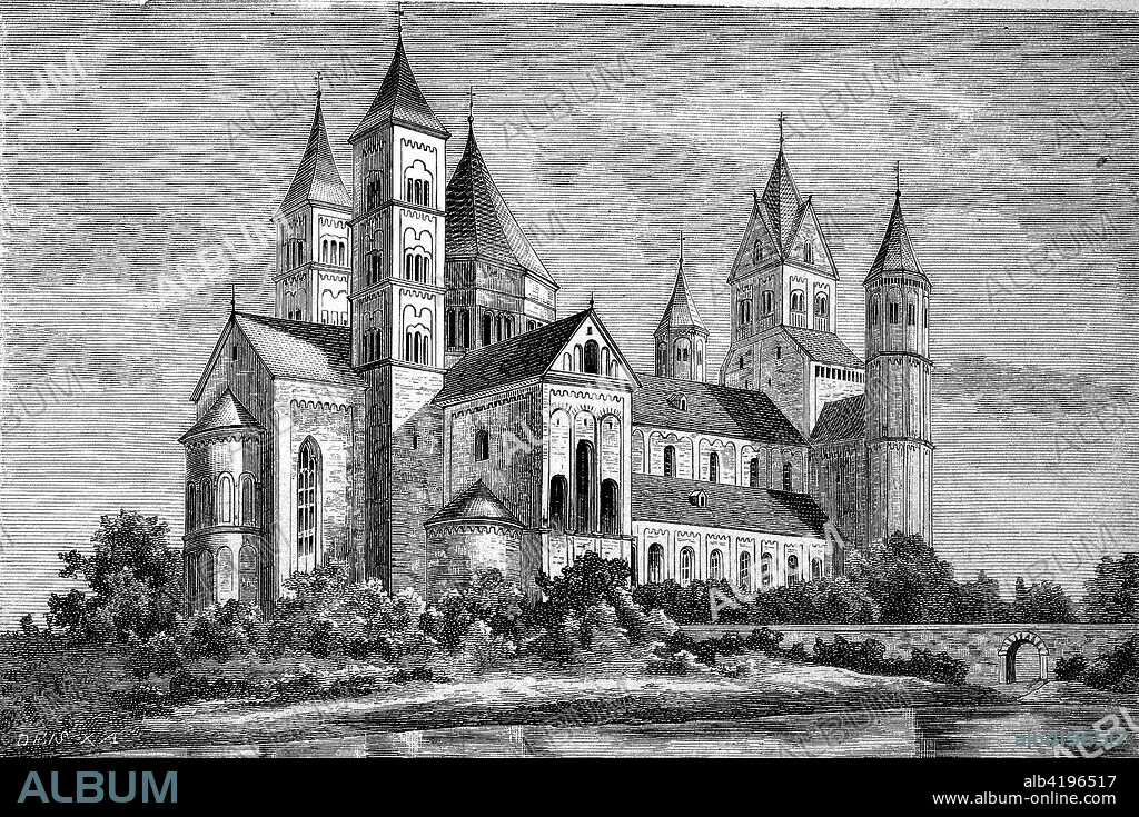 Maria Laach Abbey is a Benedictine abbey situated on the southwestern shore of the Laacher See, Lake Laach, near Andernach, in the Eifel region of the Rhineland-Palatinate in Germany, reproduction of an image, woodcut from the year 1881, digital improved.