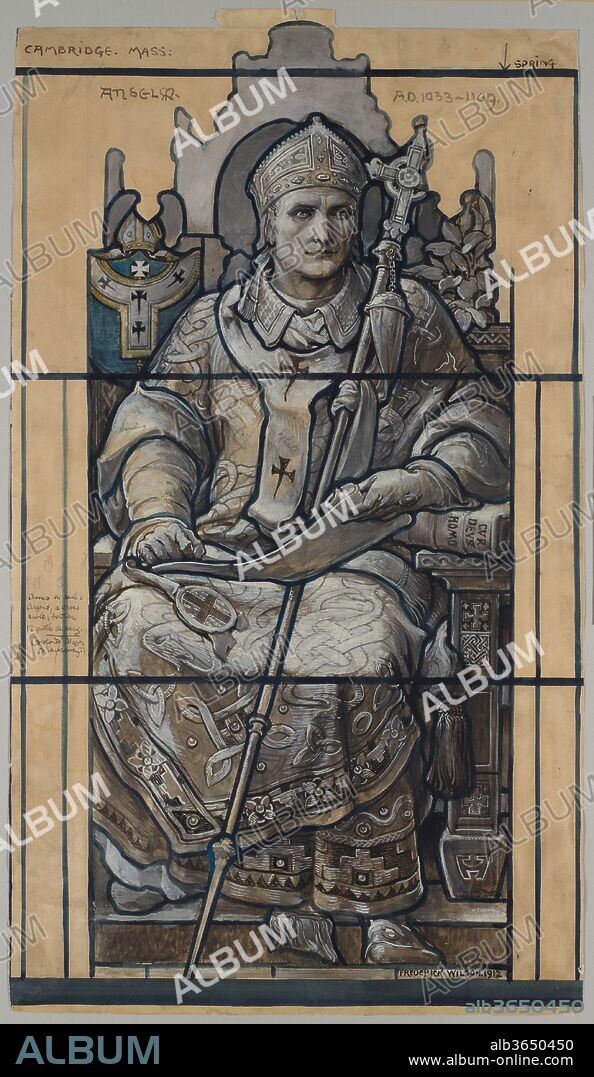 Cartoon for window, Saint Anselm, St. John's Chapel Episcopal Divinity School, Cambridge, Massachusetts. Artist: Louis Comfort Tiffany (American, New York 1848-1933 New York); Frederick Wilson (American (born Ireland) Dublin 1858-1932 Los Angeles, California). Culture: American. Dimensions: Overall: 34 3/4 x 20 1/4in. (88.3 x 51.4cm). Maker: Tiffany Studios (1902-32). Date: 1912.