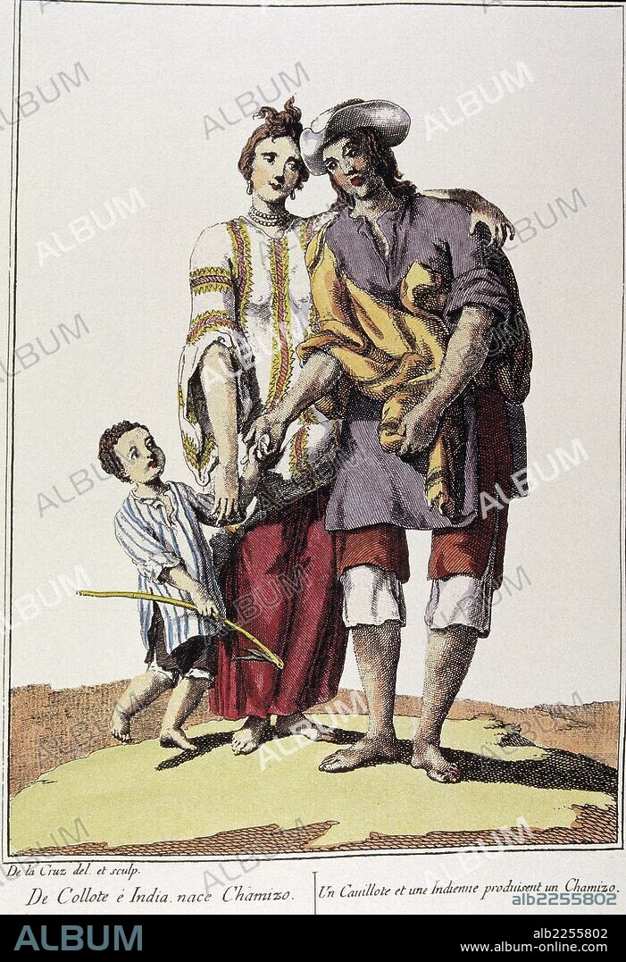 REPRESENTACION DE MESTIZAJE ETNICO. CHAMIZO : UNION DE COYOTE E INDIA. DIBUJO Y GRABADO DE JUAN DE LA CRUZ.