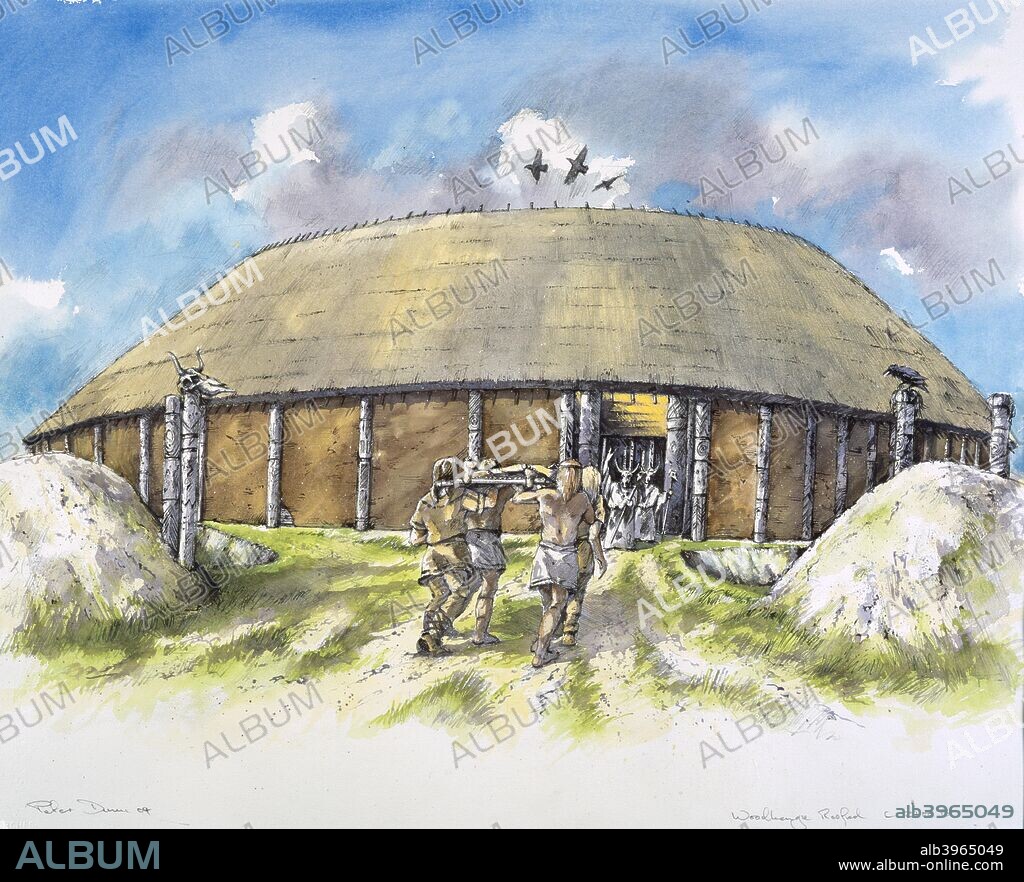 Woodhenge, c25th century BC, (c1990-2010). Reconstruction drawing showing the roofed Woodhenge in c2400 BC. Neolithic Class II henge and timber circle monument site close to Stonehenge. Probably built about 2300 BC, it was originally believed to be the remains of a large burial mound.