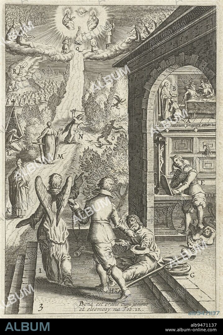 A man with Bible and rosary in hand follows an angel pointing to an apparition of God in heaven. The man gives money to a lame beggar. A short Latin text refers to the book of Tobit, verse 12, in which Tobias thanks and praises God, Emblem with man preparing with good deeds for a prayer to God Den wech des eeuwich levens (series title), Boëtius Adamsz. Bolswert, print maker: anonymous, publisher: Hendrik Aertssens (II), Antwerp, 1620 - 1623 and/or 1623, paper, engraving, h 132 mm × w 92 mm.