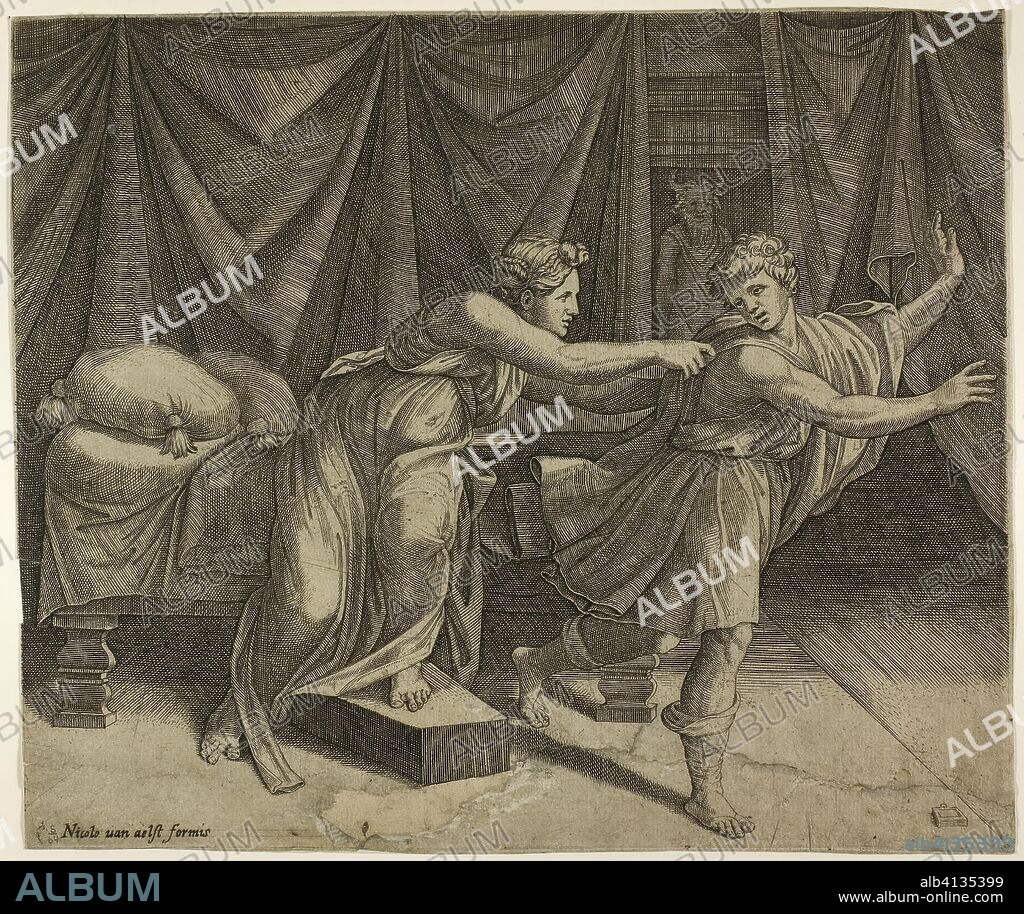 Joseph and Potipher's Wife. Marcantonio Raimondi (Italian, c. 1480-1534); after Raffaello Sanzio, called Raphael (Italian, 1483-1520). Date: 1490-1534. Dimensions: 206 x 241 mm (sheet). Engraving in black on paper. Origin: Italy.