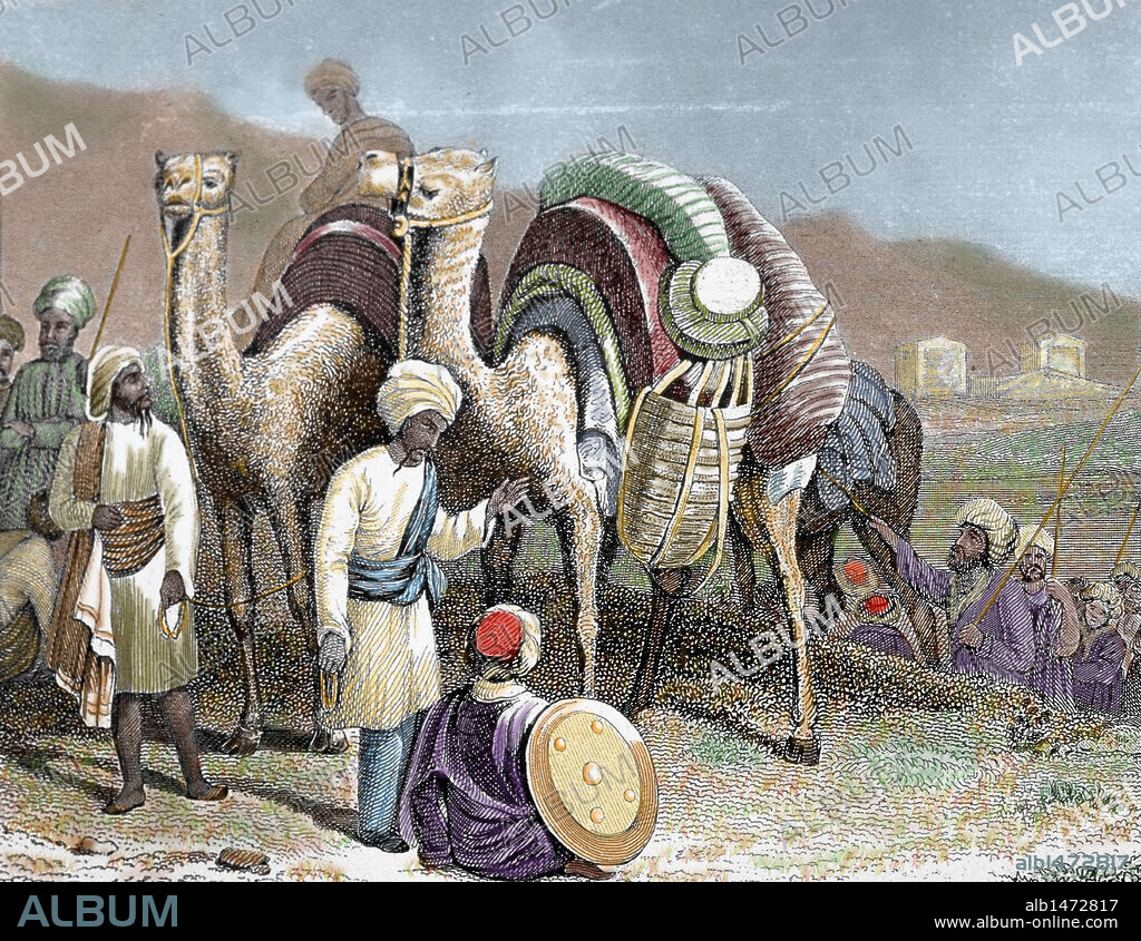HISTORIA DE LOS PAISES ARABES. RUTA DE LA SEDA. Ruta de caravanas que relacionaba a China con el mundo mediterráneo. "CARAVANA DE CAMELLOS REALIZANDO UNA PEQUEÑA PARADA EN ANTIOQUIA". Grabado coloreado del siglo XIX.