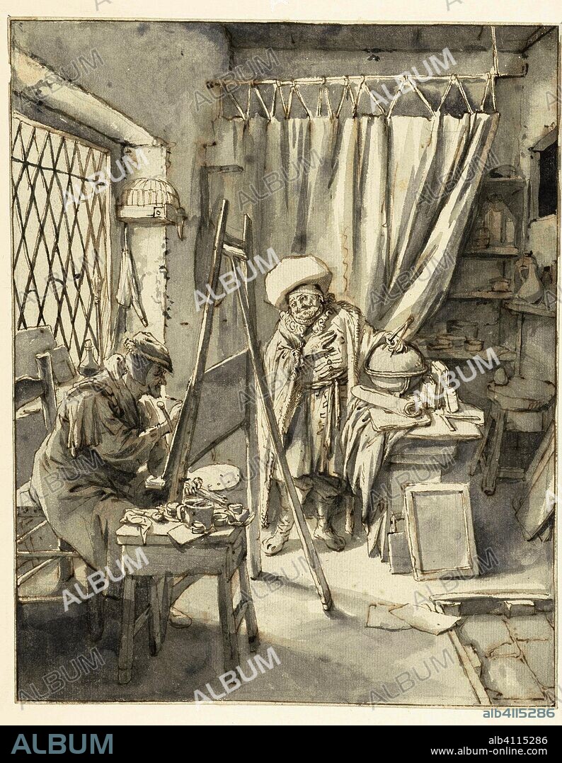 An Artist with a Model in his Studio. Schilder met een model in zijn atelier. Draughtsman: Cornelis Dusart. Dating: 1690 - 1700. Measurements: h 240 mm × w 190 mm.