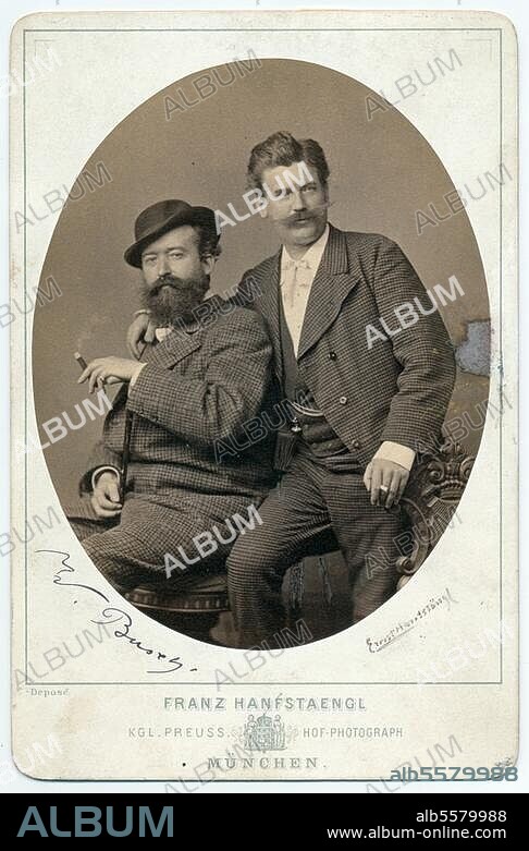 Busch, Wilhelm; Maler, Zeichner u. Dichter; Wiedensahl (Hannover) 15.4.1832 - Mechtshausen 9.1.1908. Wilhelm Busch (links) mit Ernst Hanfstaengl (Maler, Dresden 30.3.1840 - Capri 20.2.1897). Photographie, München um 1875, von Franz Hanfstaengl (1804-1877). Eigenhändig bezeichnet: "W.Busch. Ernst Hanfstängl". Berlin, Sammlung Archiv für Kunst und Geschichte.