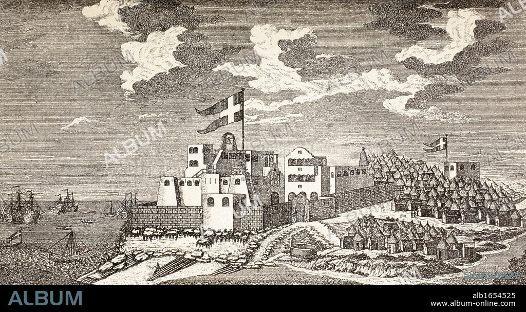 Danish colonial fort Fort Christiansborg, now Osu Castle, Accra, Ghana as it was in 1760. The outpost to the right is Fort Provestenen. From Afrika, dets Opdagelse, Erobring og Kolonisation, published in Copenhagen, 1901.