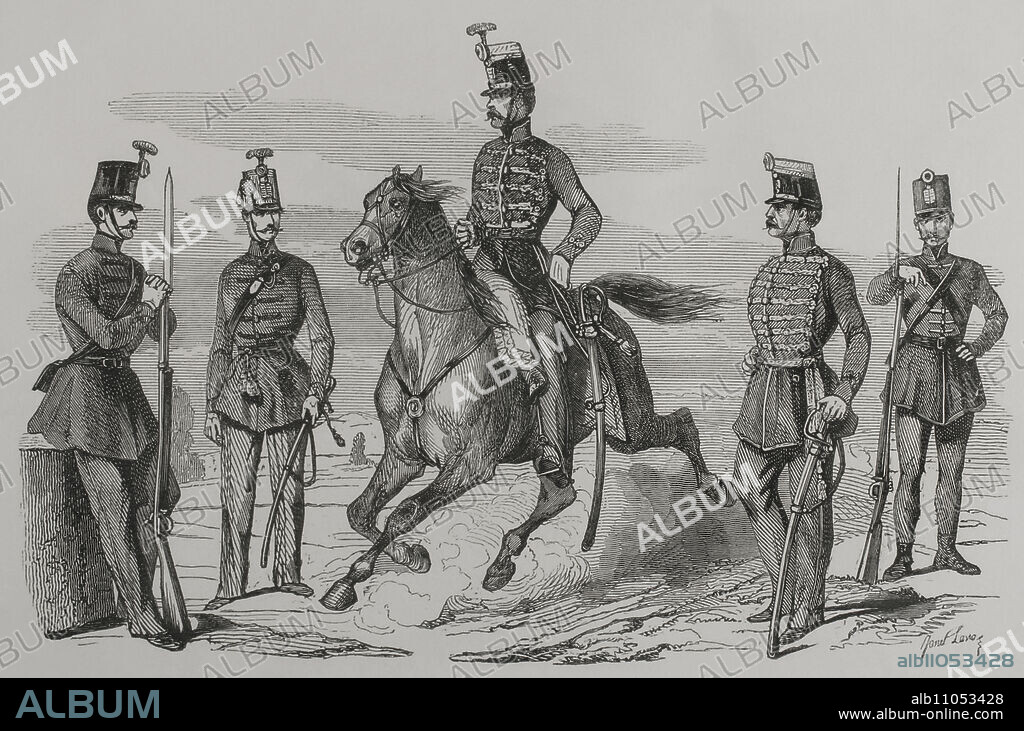 ANGE-LOUIS JANET-LANGE (1811-1872). FRENCH ARTIST.. Hungarian Cavalry and Infantry in 1849. Engraving by Janet Lange. "Los Héroes y las Grandezas de la Tierra" (The Heroes and the Grandeurs of the Earth). Volume VIII. 1856.