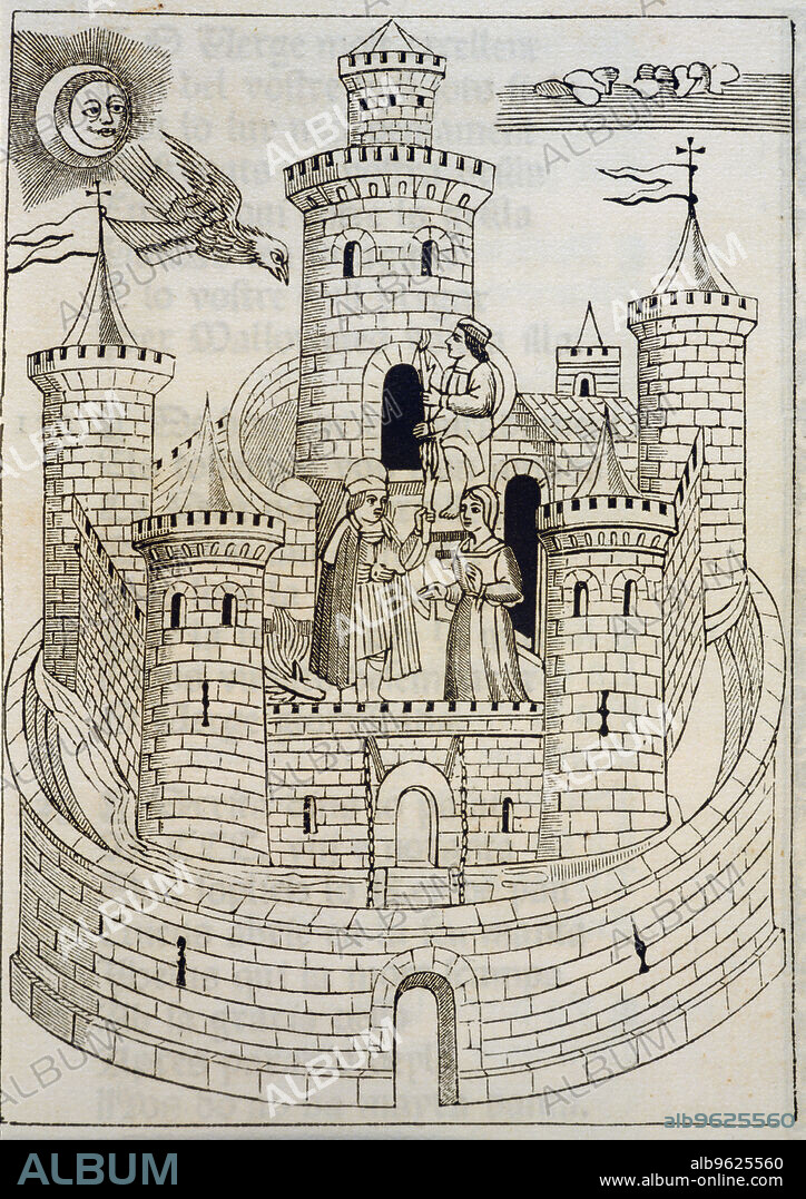 View of a castle, engraving in 'Coplas de Mallorca' (Songs of Majorca), 1398.