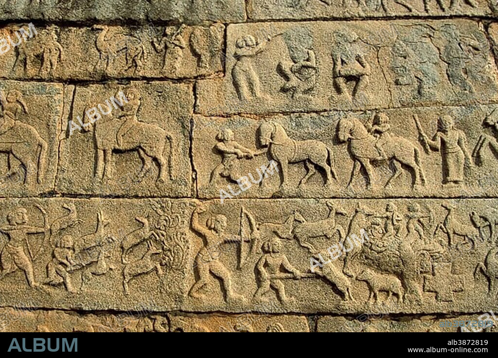 Hunting scenes, relief, Mahanavami Dibba, Royal Enclosure, Hampi, Vijayanagar, Karnataka, South India, India, Asia