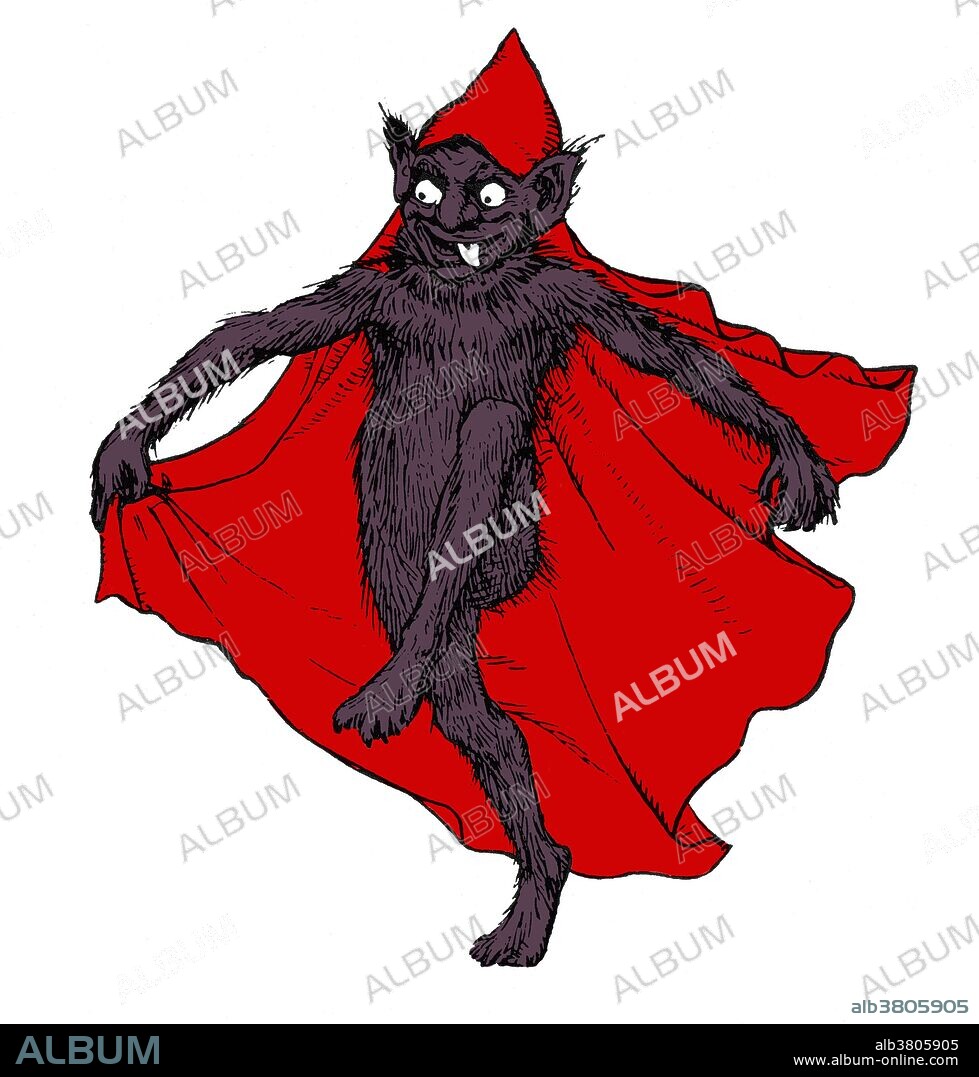 Color enhanced illustration of a brownie, a legendary creature popular in folklore around Scotland and England. It is the Scottish and Northern English counterpart of the Scandinavian tomte, the Slavic domovoi and the German HeinzelmÃ¤nnchen. In folklore, a brownie resembles the hob, similar to a hobgoblin and is sometimes described as an industrious fairy. Brownies are said to inhabit houses and aid in tasks around the house. However, they do not like to be seen and will only work at night, traditionally in exchange for small gifts of food. Illustration in Jacob's English Fairy Tales, (1892) unknown illustrator. Color.