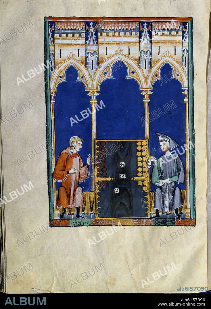 ALFONSO X DE CASTILLA EL SABIO. LIBRO DE JUEGOS O LIBRO DEL AJEDREZ DADOS Y TABLAS - 1283 - FOLIO 85V - DOS HOMBRES JUGANDO A LAS TABLAS CON DADOS DE SIETE LADOS - MINIATURA GOTICA.