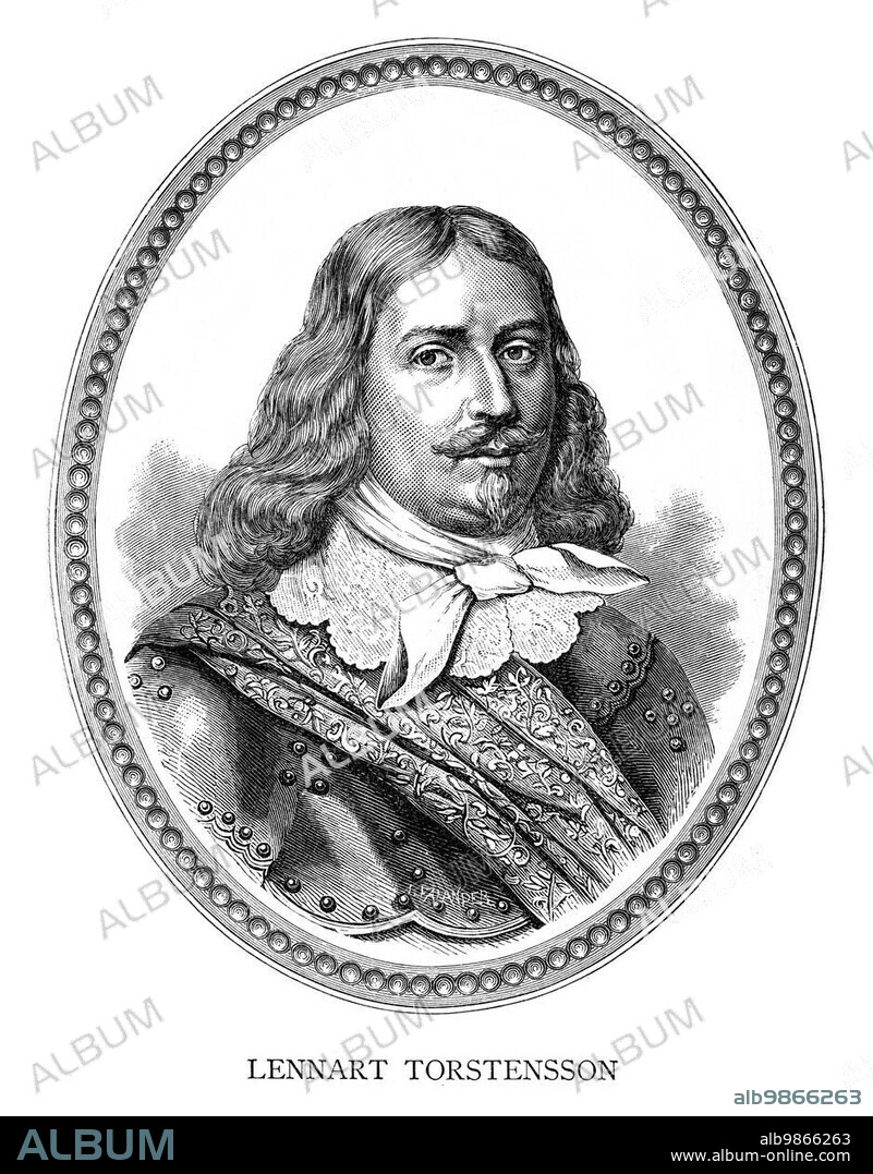 Lennart Torstenson, Count of Ortala, Baron of Virestad (17 August 1603 ? 7 April 1651), was a Swedish Field Marshal and military engineer. Engraving by Ida Falander (1842-1927), published in Starbäck, Bäckström: Berättelser ur Svenska Historien ca 1880.