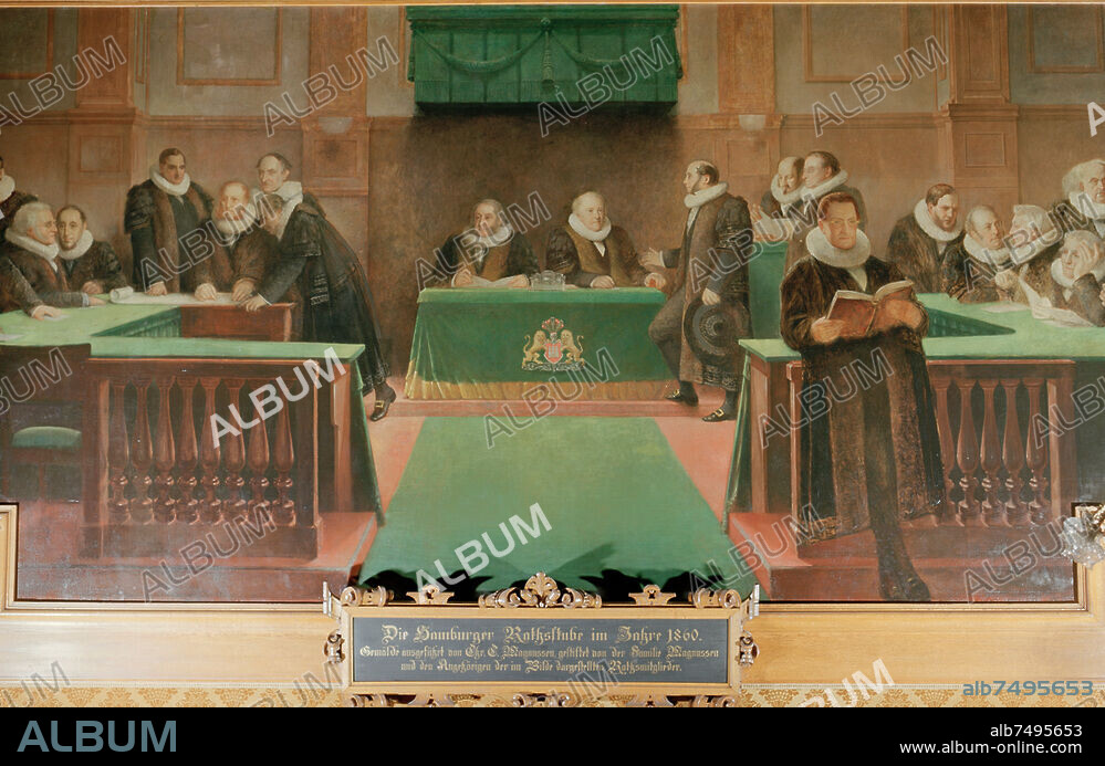 zu: Hamburg, Rathaus. "Die Hamburger Ratsstube im Jahre 1860". (Ausschnitt). (Szene mit Mitgliedern des Hamburger Rats in der Ratsstube im ehemaligen Waisenhaus in der Admiralitätsstraße, wo sich bedingt durch den Stadtbrand von 1842 der Sitz des Hamburger Rats bis zum Einzug in das neue Rathaus 1897 befand). Gemälde, 1895/96, von Christian Karl Magnussen (1821-1896). Hamburg, Rathaus, Phönixsaal.