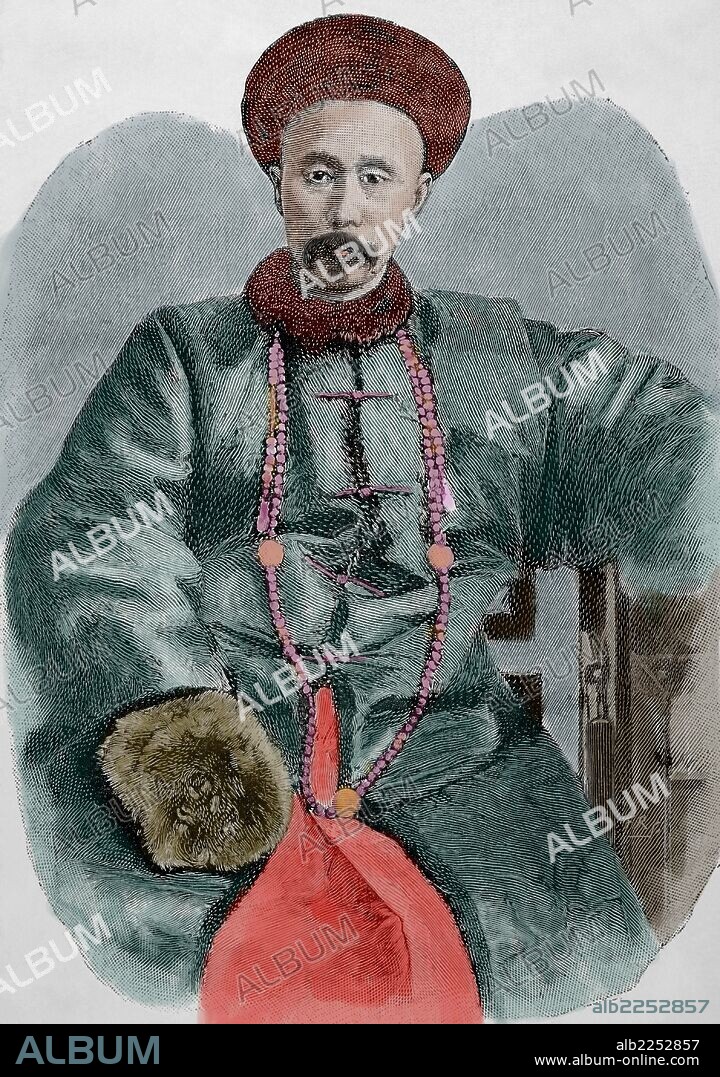 Li Hongzhang o Li Hung-chang (1823, 1901) Estadista que representó a China en la serie de humillantes negociaciones al finalizar la Guerra Franco-China (1883-1885), la primera Guerra Sino-japonesa (1894-1895) y la rebelión de los Bóxers (1900). Grabado coloreado de "La Ilustración Artística", 1892.