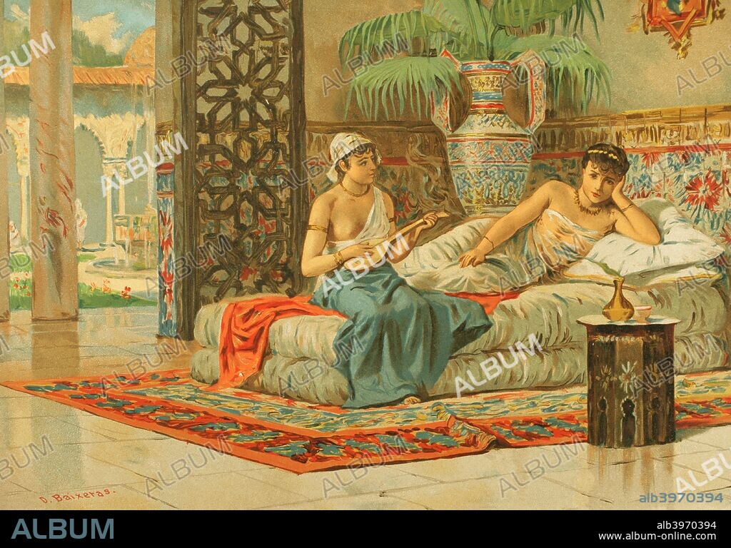 Arab world. Slave in the harem. Drawing by Dionisio Baixeras (1862-1943). Chromolithography. La Civiliazacion (The Civilization), volume III, 1882.