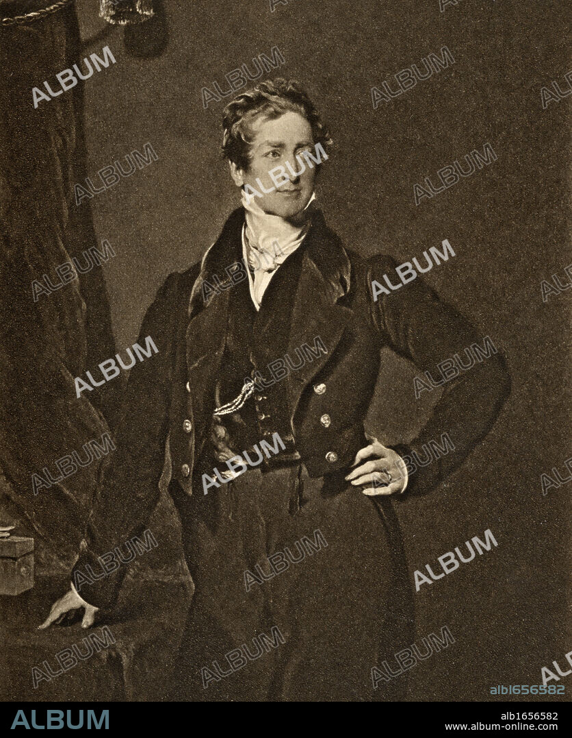 Sir Robert Peel, 2nd. Baronet,1788-1850. British prime minister (1834-35, 1841-46) and founder of the Conservative Party, who was responsible for the repeal (1846) of the Corn Laws that had restricted imports. From a portrait by Sir. T.Lawrence from the book "The Letters of Queen Victoria 1844-1853 Vol II"published 1907.