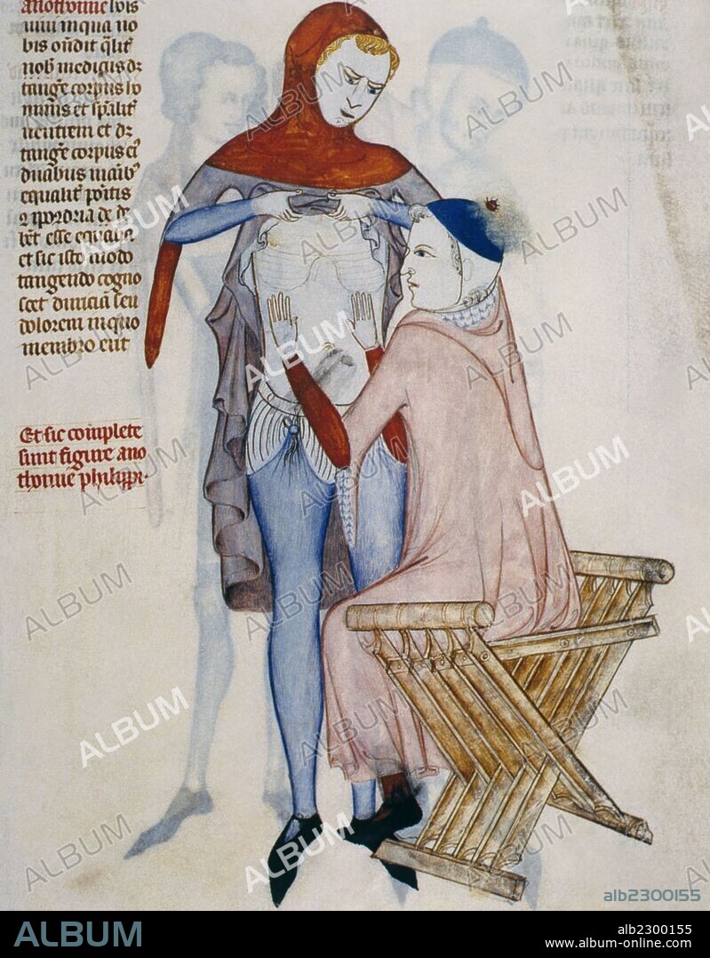 HISTORIA DE LA MEDICINA. EDAD MEDIA. "MEDICO PRACTICANDO UN RECONOCIMIENTO TORACICO Y ABDOMINAL A UN PACIENTE". Miniatura de un tratado de anatomía (siglo XIV). Manuscrito del Castillo de Chantilly. Francia.