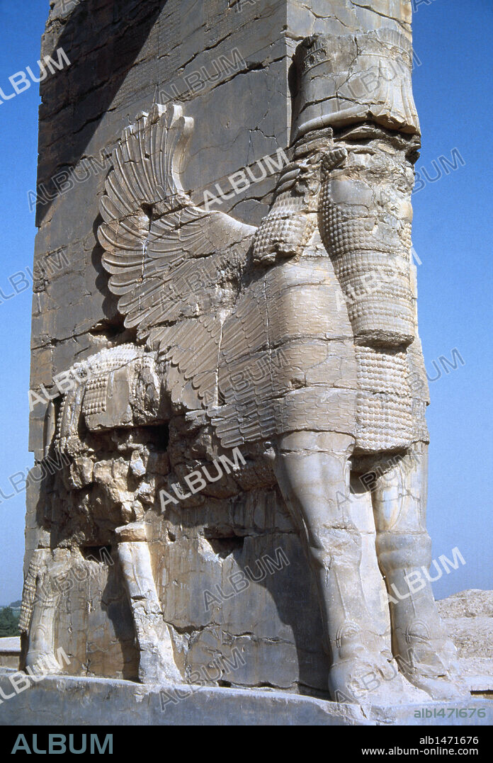 Iran. City of Persepolis. The Gate of all Nations or Xerxus Gateway. Detail Lamassu. Assyrian protective deity. Bull's body and human's head.