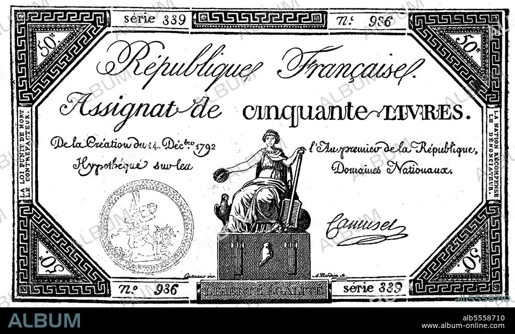 Assignats from 1792, Assignats, French l'assignat, instruction, were the paper money used during the French Revolution, Historical, digitally restored reproduction of a 19th century original, exact date unknown.