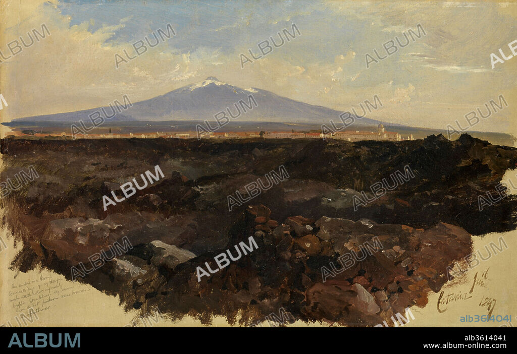 Catania and Mount Etna. Artist: Edward Lear (British, London 1812-1888 San Remo). Dimensions: 12 1/4 x 19 in. (31.1 x 48.3 cm). Date: 1847.
Lear inscribed this sketch with the date, June 16, 1847, on which he trekked to the volcano Etna. The following evening, he concluded a description of its challenging ascent with these words: "One is amply repaid by the extraordinary scene above--where you look on the whole island of Sicily just like a great pink map in the sky--with the sea round it so blue, & the dark purple triangular shade of the mountains over that part furthest from the sun which rose just before we got to the mouth of the crater.".