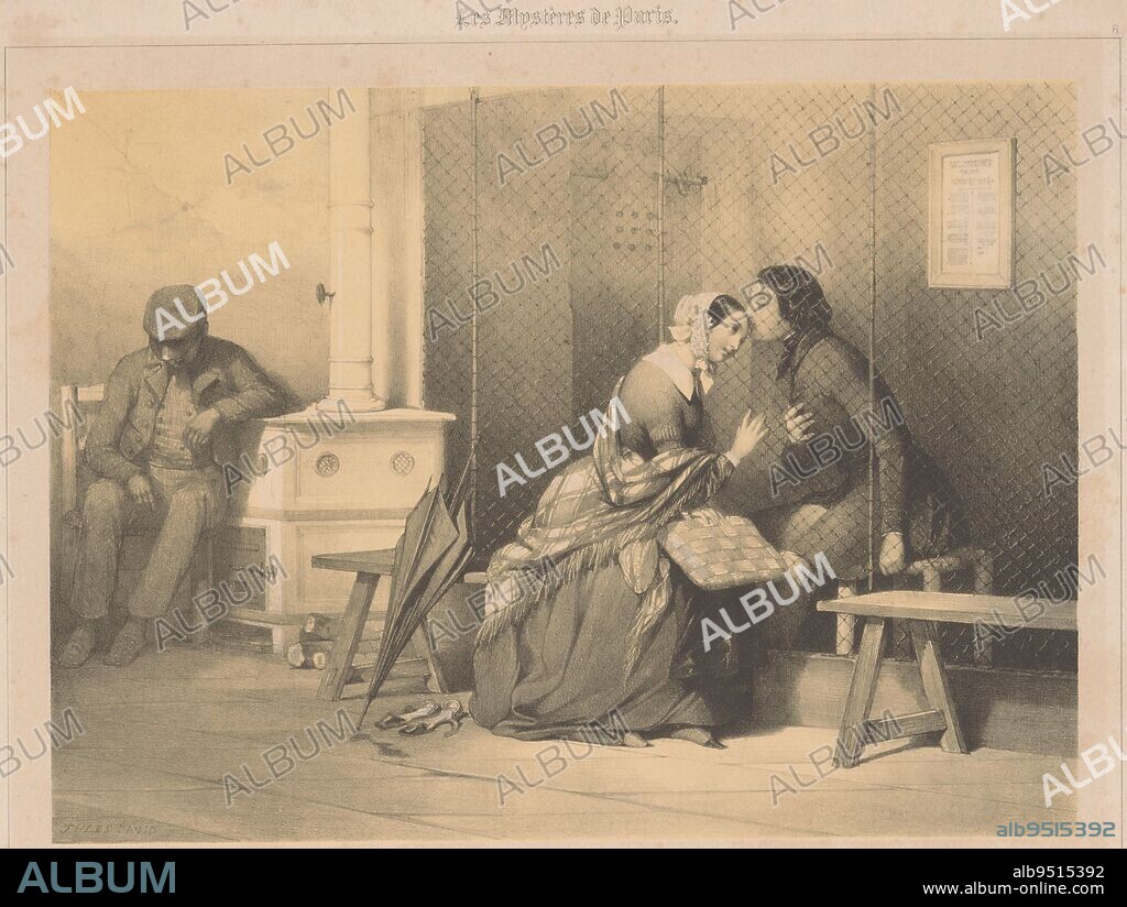 Rigolette visits François Germain in prison Le parloir, Scenes from the novel 'Les mystères de Paris' by Eugène Sue (series title) Les Mystères de Paris (series title on object), print maker: Jules David (1808-1892), (mentioned on object), printer: Formentin & Cie., (mentioned on object), publisher: Henri Jeannin, (mentioned on object), Paris, 1843, paper, h 307 mm × w 358 mm.