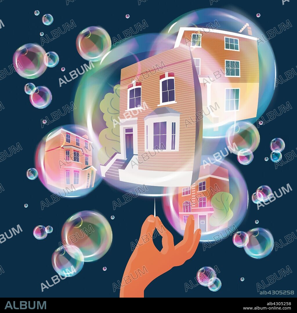 Hand with pin bursting housing bubble.