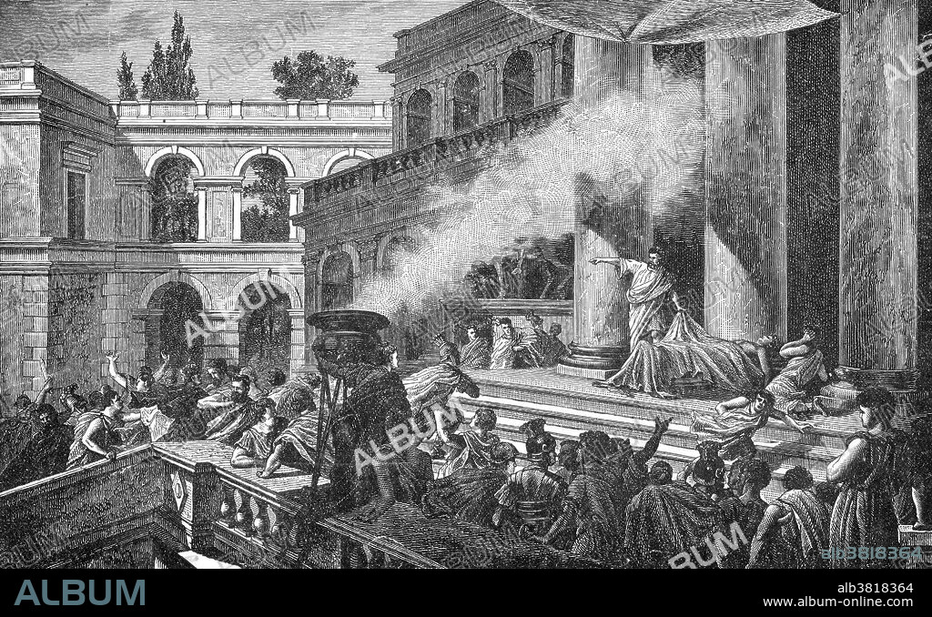 Marc Antony delivers Caesar's funeral oration. Gaius Julius Caesar (100-44 BC) was a Roman general and statesman. He played a critical role in the gradual transformation of the Roman Republic into the Roman Empire. In military campaigns to secure Roman rule over the province of Gaul (present day France) he gained much prestige. The Roman senate, fearing his power, ordered him to disband his army, but Caesar refused, crossed the Rubicon River, returned to Rome with his army, and made himself dictator. On a subsequent campaign in Asia, he reported to the senate, "I came, I saw, I conquered." Caesar was assassinated by his friend Brutus and others on the Ides of March in 44 BC. Marc Antony (83-30 BC) was a Roman politician and general. As a military commander and administrator, he was an important supporter and loyal friend of his mother's cousin Julius Caesar. In his speech, he made accusations of murder and ensured a permanent breach with the conspirators. Antony snatched the toga from Caesar's body to show the crowd the stab wounds, pointing at each and naming the authors, publicly shaming them. He also read Caesar's will, which left most of his property to the people of Rome. That night, the Roman populace attacked the assassins' houses, forcing them to flee for their lives.
