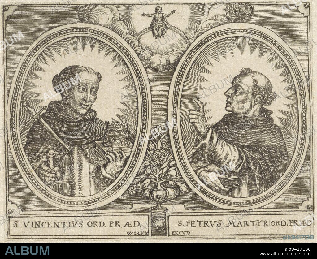 Left: Saint Peter Martyr of Verona, in Dominican habit, a wound in his skull and his chest pierced with a sword. In one hand he holds another sword, in the other a book on which lie three crowns. Right: Saint Vincent Ferrerius, in Dominican habit, holding books. The names under the portraits are erroneous, presumably mistaken. The representations are framed in oval frames, between them Christ on the rainbow and a vase with flowers., Saint Vincent Ferrerius and Saint Petrus Martyr of Verona S Vincentivs ord. præd. / S. Petrvs Martyr ord. præd Franciscan and Dominican saints and the annunciation (series title), publisher: Wierix, (mentioned on object), print maker: anonymous, Antwerp, 1550 - before 1619, paper, engraving, h 66 mm × w 86 mm.