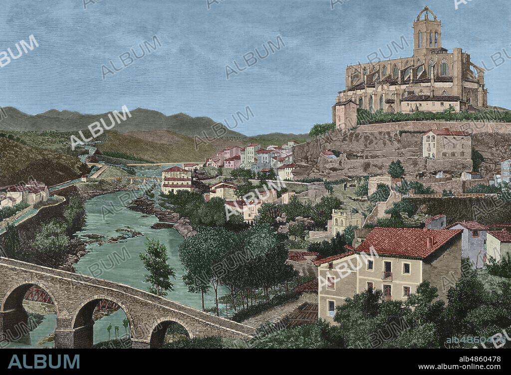 España. Cataluña, provincia de Barcelona, Manresa. Vista de la ciudad tomada desde el puente viejo, sobre el río Cardener. Al fondo la Catedral o Basílica de Santa María de la Seu. Grabado por Capuz. La Ilustración Española y Americana,22 de marzo de 1881. Coloreado.