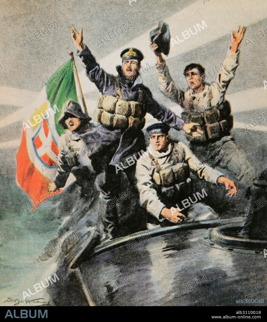 Primera Guerra Mundial (1914-1918). El oficial naval italiano Luigi Rizzo (1887-1951) a bordo de la lancha torpedera MAS-15 de la Regia Marina, que provocó el hundimiento del barco de guerra de la Marina Austro-húngara SMS Szent Itsvan (San Esteban), 10 de junio de 1918. Grabado de La Domenica del Corriere.