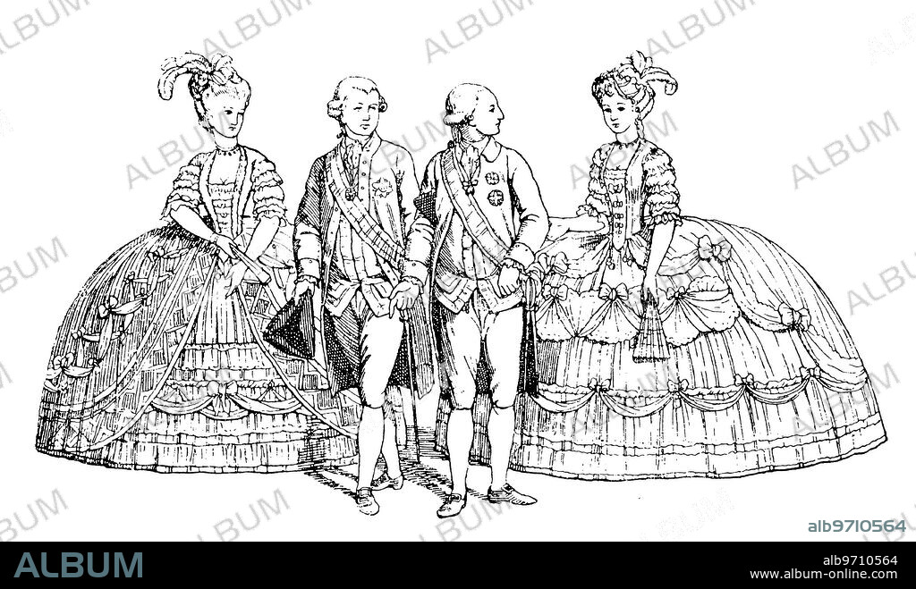 Joseph II (Joseph Benedikt Anton Michael Adam; 13 March 1741 - 20 February 1790) was Holy Roman Emperor from 1765 to 1790 and ruler of the Habsburg lands, the family at the palais of Schoenbrunn, 1782, Austria, History of fashion, costume story '.