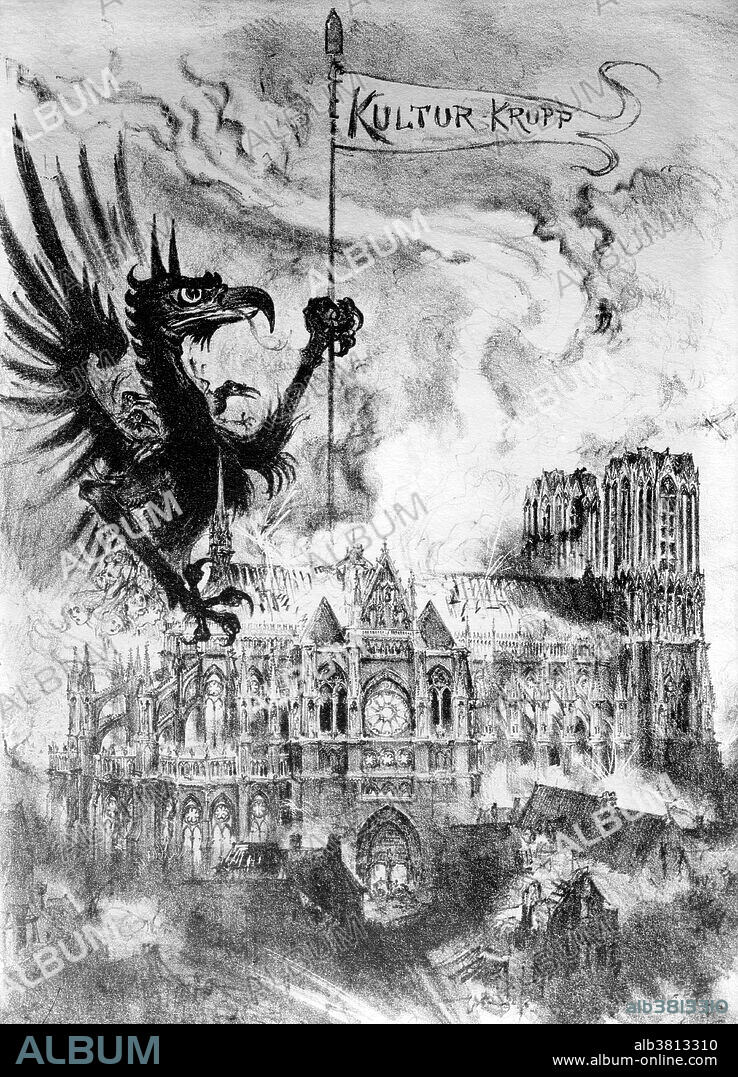 Cartoon of Rheims Cathedral (banner reading Kultur Krupp) drawn during WWI by artist Albert Robida. On September 4, 1914, a month after the beginning of WWI, the German army entered Reims. It was pushed back but it took refuge in the surrounding fortresses, and started bombardment. On September 20, 1914 the Notre-Dame de Reims (Our Lady of Reims) German shellfire burned, damaged and destroyed important parts of the cathedral. Scaffolding around the north tower caught fire, spreading the blaze to all parts of the carpentry superstructure. The lead of the roofs melted and poured through the stone gargoyles, destroying in turn the bishop's palace. Images of the cathedral in ruins were used during the war as propaganda images by the French against the Germans and their deliberate destruction of buildings rich in national and cultural heritage. Bain News Service, 1914-15.