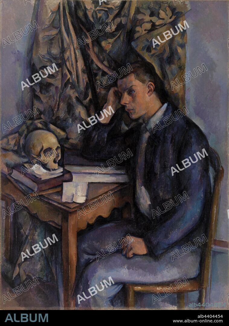 Paul Cézanne: Young Man and Skull (Jeune homme à la tête de mort), Paul Cézanne, 1896–1898, Oil on canvas, Seated at a wooden table covered with books, a young man leans on his elbow in a pose recalling Renaissance representations of Melancholia, one of the four humors. Resting on the table across from him is a skull missing its lower jaw. The man and skull gaze past one another: while the object's hollow eye sockets stare blankly, its living human counterpart seems lost in thought, perhaps pondering his own mortality. Although skulls appear in some of his early canvases from the 1860s—they were a common studio prop with a long history in still life painting—the 1897 death of Cézanne's mother and his own declining health might have prompted a return to this symbolically loaded object., Overall: 51 3/16 x 38 3/8 in. (130 x 97.5 cm).