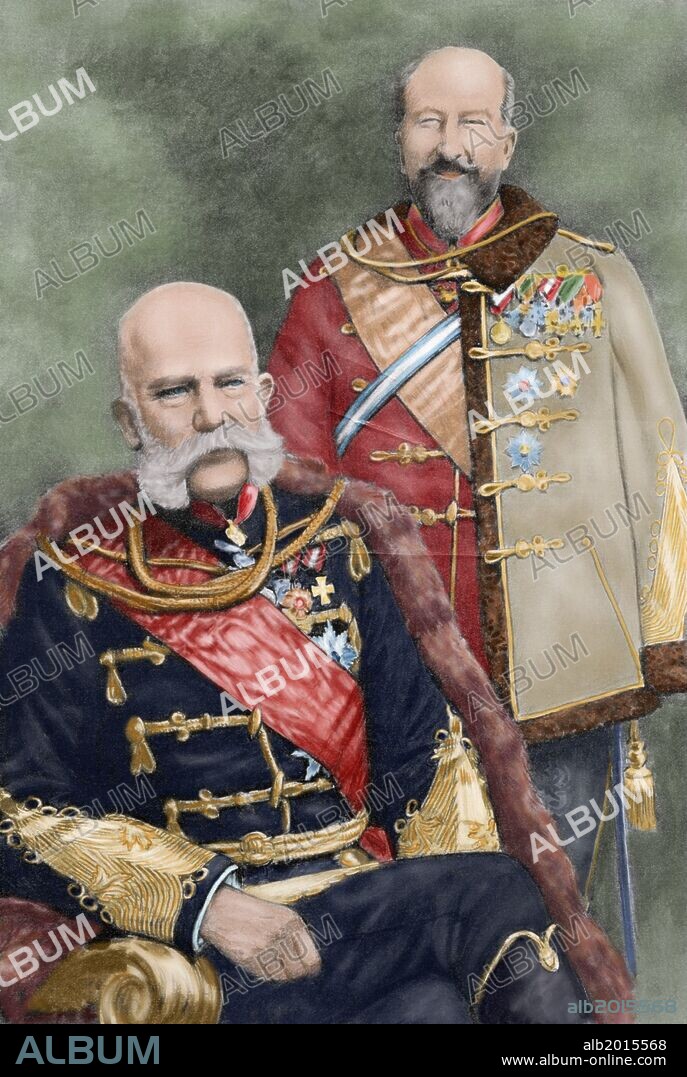 FRANCISCO JOSE I DE AUSTRIA (Viena, 1830-Viena, 1916). Emperador de Austria (1848-1916) y rey de Hungría (1867-1916). FERNANDO I (Viena 1861-Coburgo 1948). Principe y Zar de Bulgaria (1908-1918), fundador de la dinastía de Sajonia-Coburgo. Abdicó el 3 de octubre de 1918 en favor de su hijo Boris. Fotografia de 1908. Coloreada.