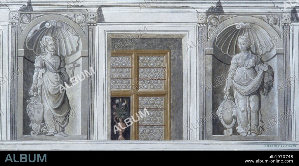The inner courtyard with grisaille (grey relief) paintings, Ambras Castle, Innsbruck. Austria, 16th century.