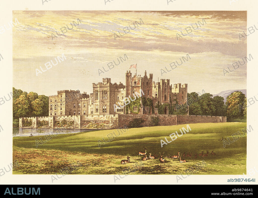 Raby Castle, Durham, England. Medieval castle built in 1379 by John de Neville, 3rd Baron, with Gothic style entrance hall added in the 19th century by the Vanes, the Dukes of Cleveland, descendants of William Harry Vane, 1st Duke of Cleveland, owner of a plantation in Barbados (233 enslaved). Colour woodblock by Benjamin Fawcett in the Baxter process of an illustration by Alexander Francis Lydon from Reverend Francis Orpen Morriss Picturesque Views of the Seats of Noblemen and Gentlemen of Great Britain and Ireland, William Mackenzie, London, 1880.
