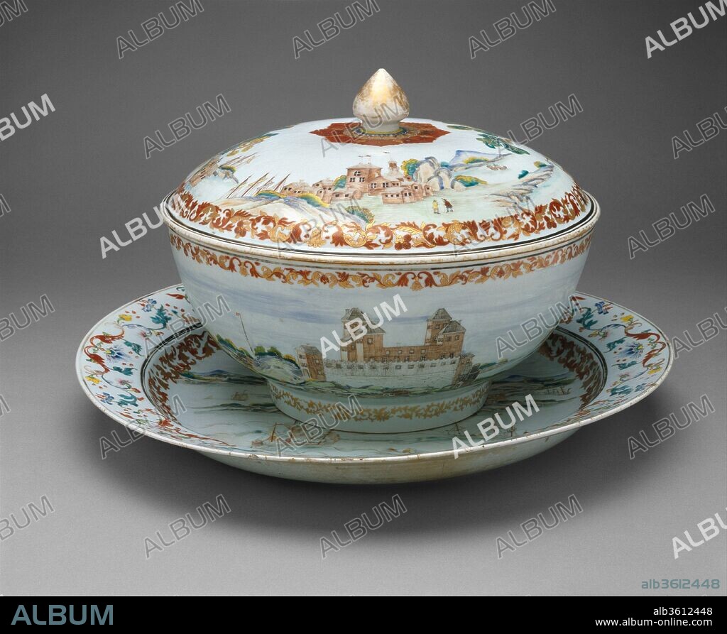 Covered Punch Bowl. Culture: Chinese, for Swedish market. Dimensions: H. with cover 12 1/2 (31.8 cm); Diam. 16 in. (40.6 cm). Date: 1745-55.
This monumental punchbowl, with its original cover and platter, must have been one of the most ambitious porcelains to grace an American colonial household. We can only speculate as to how the bowl, the decoration of which indicates that it was made for the Swedish market, found its way to a prominent Charleston family during the eighteenth century. It was listed among the effects of Mary Brandford Bull, upon her death in 1772, as "1 large China Bowl Dish & Cover." The Bulls, one of Charleston's wealthiest families, lived in the grand style. Through the four daughters, the bowl descended in the family and ended up in Philadelphia by 1790. The detailed painted scene on the platter is based on a 1691 engraving of the Swedish Château of Läckö, on Lake Vänern. Two other Swedish châteaus drawn from earlier print sources are represented on the bowl; the cover features two Swedish churches in a landscape with huntsmen, fishermen, and sailors.