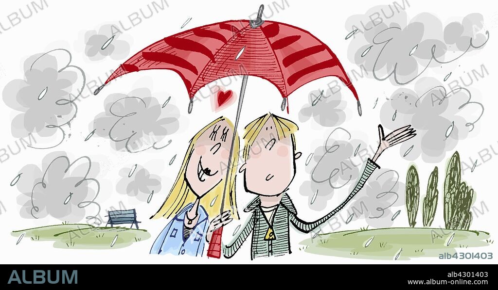 Adoring teenage girl in love with boy sharing umbrella.