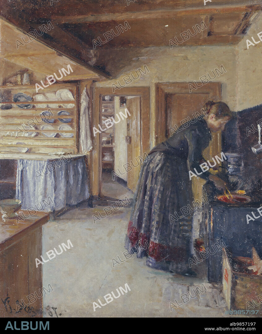 Kitchen, with the artist's Wife, 1887. Additional Info: Viggo Johansen was a key figure in the circle of Skagen painters. This is a painting of the kitchen in the house he rented with his family for many summers in the 1880s. The house was later rented by the artist couple Krøyer and then by the artist Laurits Tuxen. The woman is Johansen’s wife, Martha who often appears, along with their children, in the painter’s serene, intimate pictorial world. Martha Johansen was also an artist.