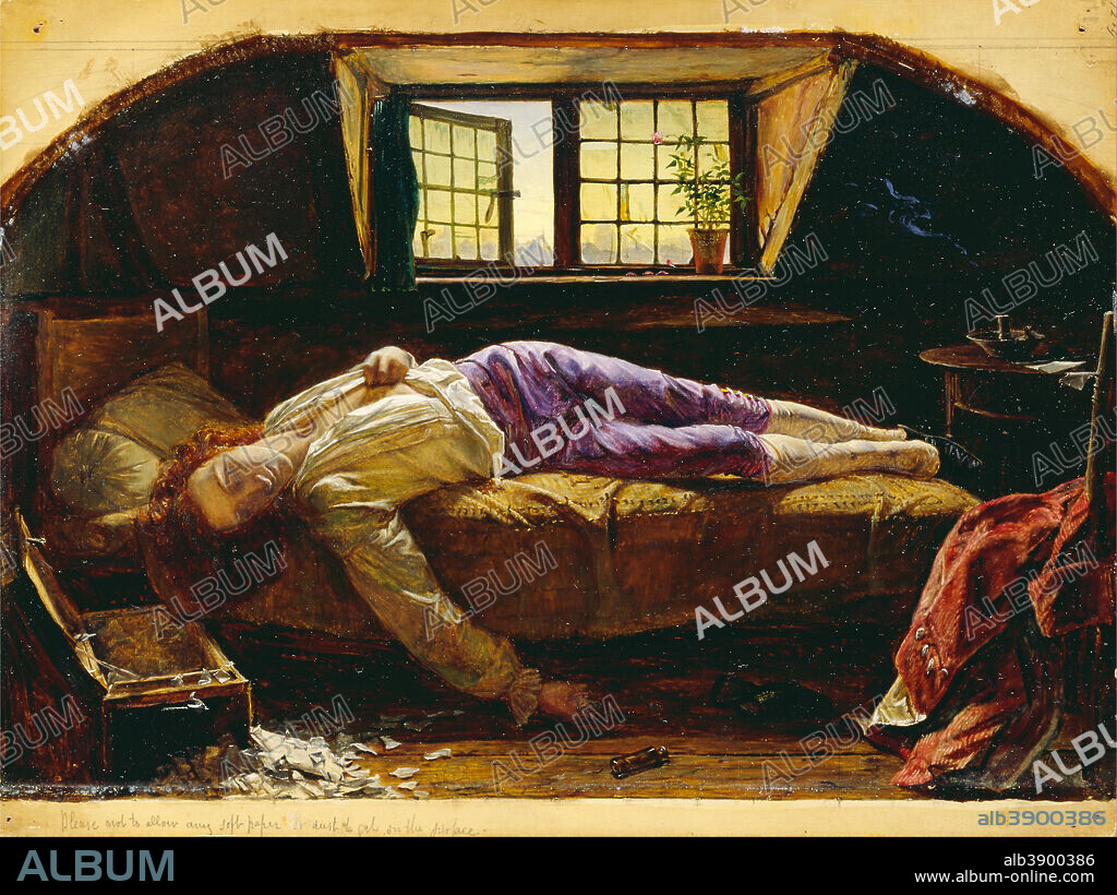 HENRY WALLIS. The Death of Chatterton. Date/Period: Ca. 1856. Painting. Oil on panel. Height: 227 mm (8.93 in); Width: 302 mm (11.88 in).