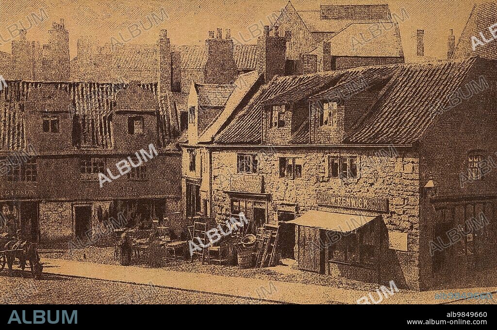 Souvenir of Newcastle Upon Tyne album, price one shilling. Publisher Walter Scott, Newcastle. Images from pre 1900. Old cottages in Percy sreet with shops and stalls in street.
