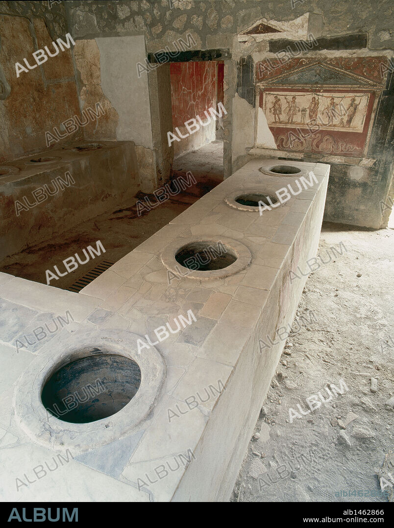 ARTE ROMANO. ITALIA. "TERMOPOLIO DE ASELLINA" del propietario Vetutius Placidus, taberna especializada en la venta de bebidas calientes. Es la mejor conservada de la ciudad. Se aprecian las barras de piedra con huecos donde se colocaban las ánforas con la escancia de las bebidas. Al fondo un LARARIO con la representación del Genio del "Pater Familia" entre lares. POMPEYA. La Campania. Italia.