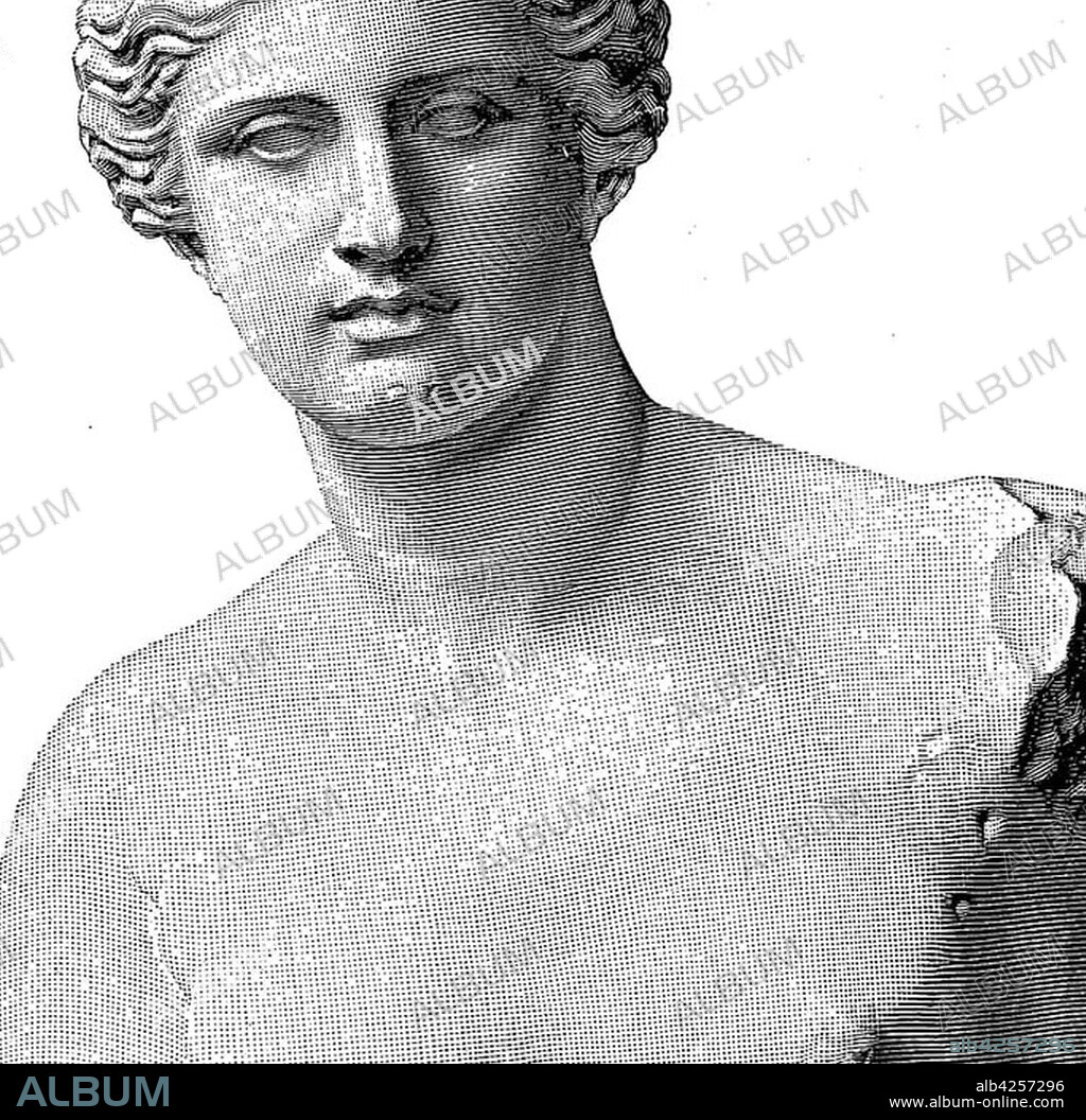 The Venus of Milo also Aphrodite of Melos, a half-naked statue of the goddess Aphrodite, 1880, woodcut, France